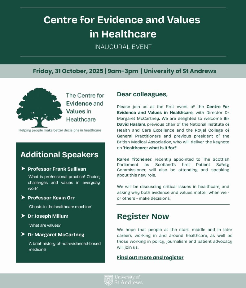 Margaret McCartney (@mgtmccartney) on Twitter photo am beyond thrilled:  the Centre for Evidence and Values in Healthcare, University of St Andrews. 
critical appraisal, risk, ethical innovation, governance, leadership, bioethics, conflicts of interest....first event 31st October.  Please join us! 
medicine.st-andrews.ac.uk/centreforevide… am beyond thrilled:  the Centre for Evidence and Values in Healthcare, University of St Andrews. 
critical appraisal, risk, ethical innovation, governance, leadership, bioethics, conflicts of interest....first event 31st October.  Please join us! 
medicine.st-andrews.ac.uk/centreforevide…