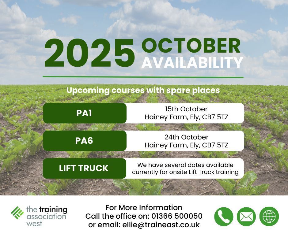 TtaWest's tweet photo. We have spare places on the following PA1 and PA6 courses running in October, plus several dates available for on-site Lift Truck training (Counterbalance, Telehandler, MEWP, Pallet Truck) at the moment.

To book, please call us on: 01366 500050 or email: ellie@traineast.co.uk https://t.co/t02AvemtJG
