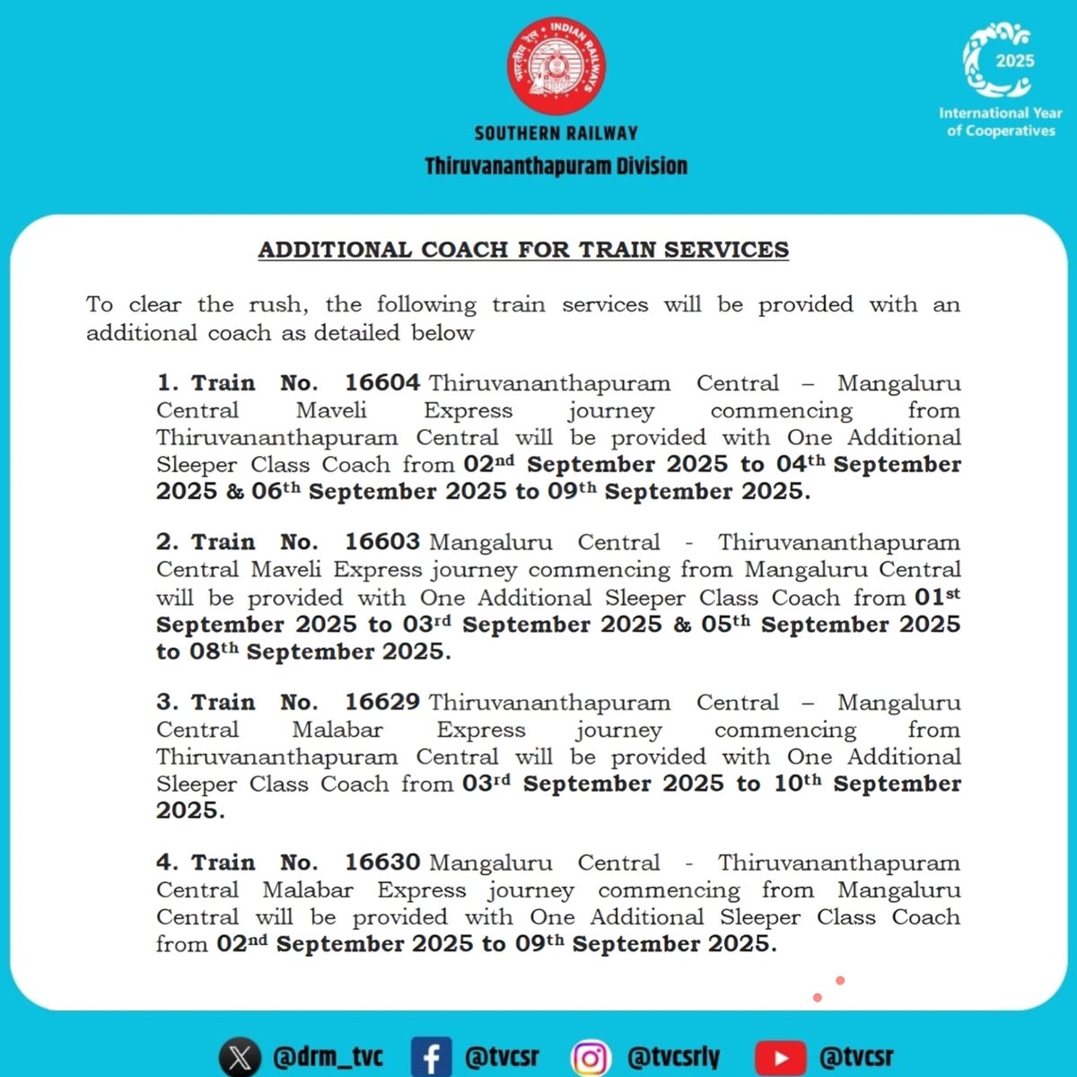 Extra Coaches, Extra Comfort! 🚆 
To handle the heavy rush during festival seasons, additional coaches have been added on select trains. Travel hassle-free with Southern Railway! 
#Tvcsr #IndianRailways #SouthernRailway