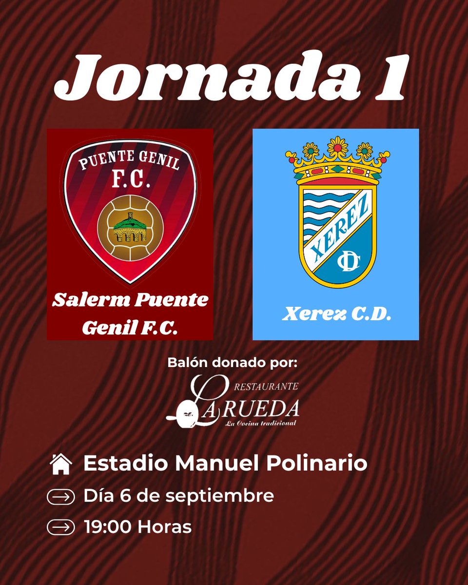 🗺️ 𝗝𝗢𝗥𝗡𝗔𝗗𝗔 𝟭

🥸 Empieza lo serio. Ya está aquí el primer partido oficial.

🆚 <a href="/XerezCD_OFICIAL/">Xerez Club Deportivo</a> 
📅 Sábado 6 de septiembre
⏰ 19:00 H
🏟️ Estadio Manuel Polinario
⚽️ Balón donado por "Restaurante La Rueda"

#SubimosJuntosSeguimosJuntos | #VamosRojillos