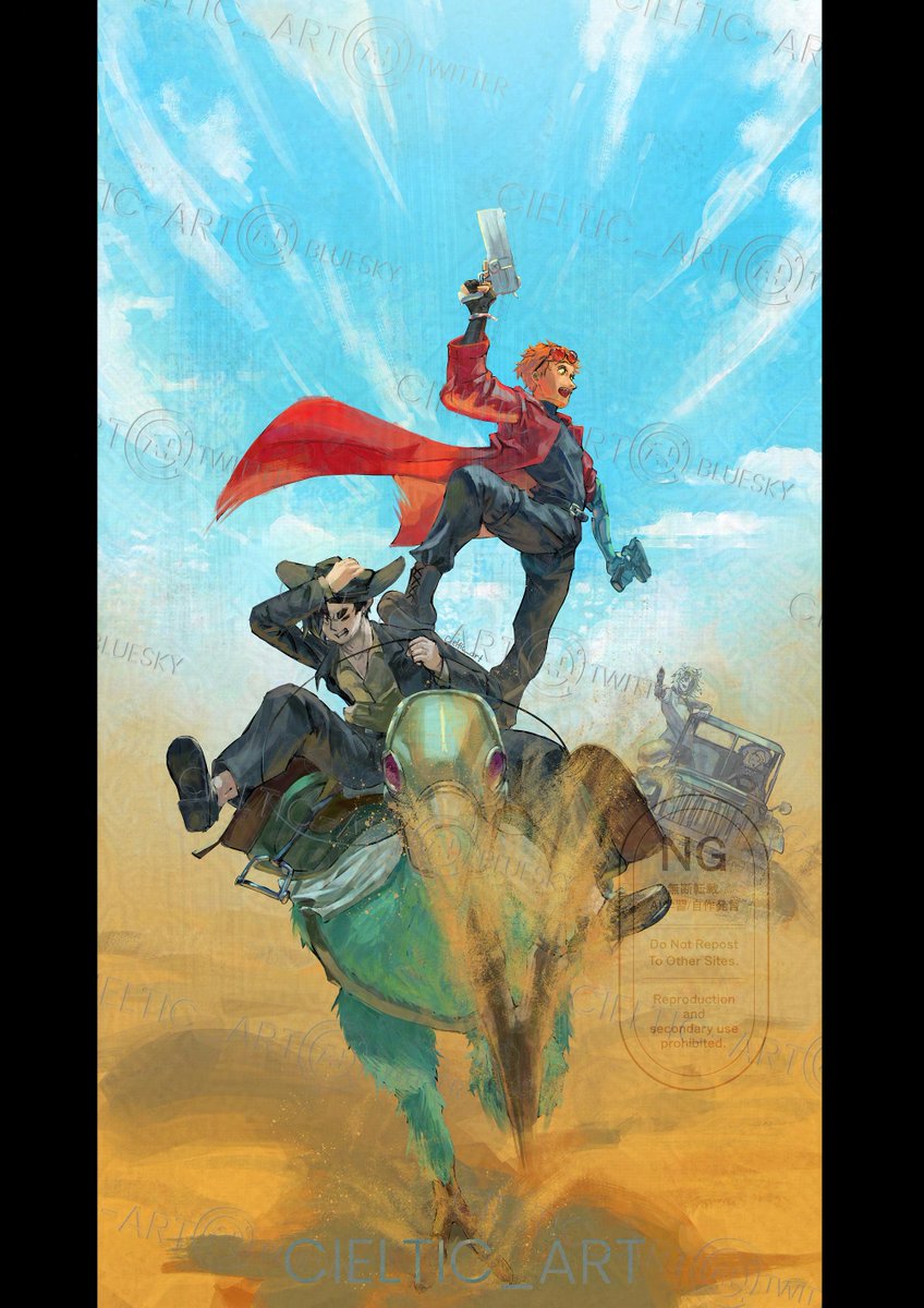 JCC x Trigun crossover for G4C.
Thank you so much for donating to the charity, Clover! Thanks for waiting patiently for me to finish this slowly, too.

#studioinvestigravefanart #artidn