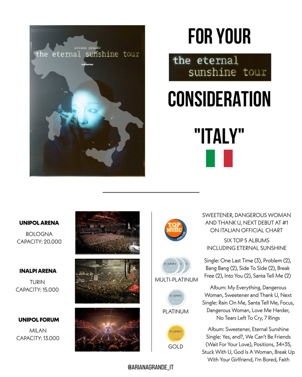 ArianaGrande_IT's tweet image. For your consideration @TeamAriana. Ariana, please come to Italy! 🇮🇹 

#ArianaGrandeComeToItaly 

@rembeauty @joangrande @LiveNation @RepublicRecords @brandoncreed @LiveNationIT @FrankieJGrande @UMusicItalia