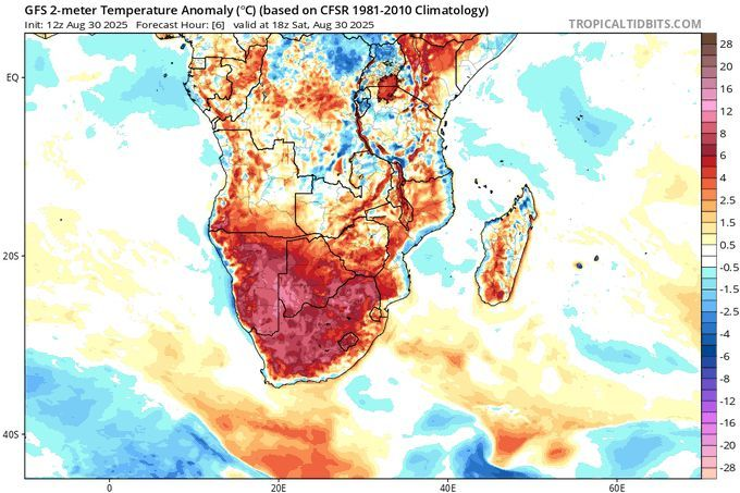 A map of Africa showing temperature anomalies in degrees Celsius, based on 1981-2010 climatology. Colors range from blue to red, with red areas indicating higher temperatures, particularly intense in South Africa. Text overlays include "GFS2-meter Temperature Anomaly (°C) based on CFSR 1981-2010 Climatology," "12 Aug 2023 00z," "Forecast Hour 168," and "valid 18 Aug 2023 00z."