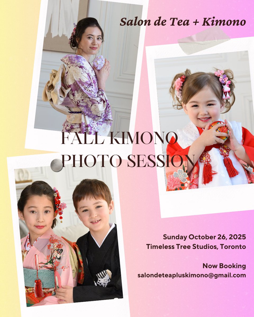 🍁秋の着物撮影会2025🍁好評受付中💁‍♀️
日時：10月26日（日）10:00-13:00
場所：Timeless Tree Studios Toronto 
七五三・成人式・お宮参り・ととせ十歳の祝い・十三詣り・結婚式前撮り後撮りetc.私たちの住むここ🇨🇦カナダ🇨🇦で着物姿でお祝いを🥰お申込みお問い合わせはお気軽にDMで❣