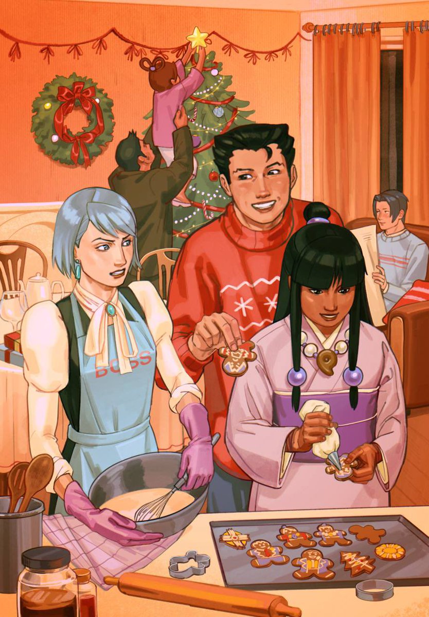 my artwork for #AceAttorney Christmas zine!
#franmaya &amp; intimidating #phoenixwright
🍪❄️