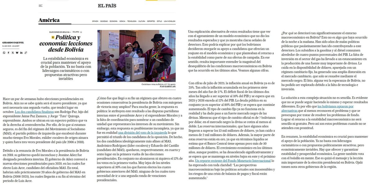 Gerardo Esquivel (@esquivelgerardo) on Twitter photo Mi artículo de esta quincena en <a href="/elpaismexico/">EL PAÍS México</a>: "Política y economía: lecciones desde Bolivia"
elpais.com/america/2025-0… Mi artículo de esta quincena en <a href="/elpaismexico/">EL PAÍS México</a>: "Política y economía: lecciones desde Bolivia"
elpais.com/america/2025-0…