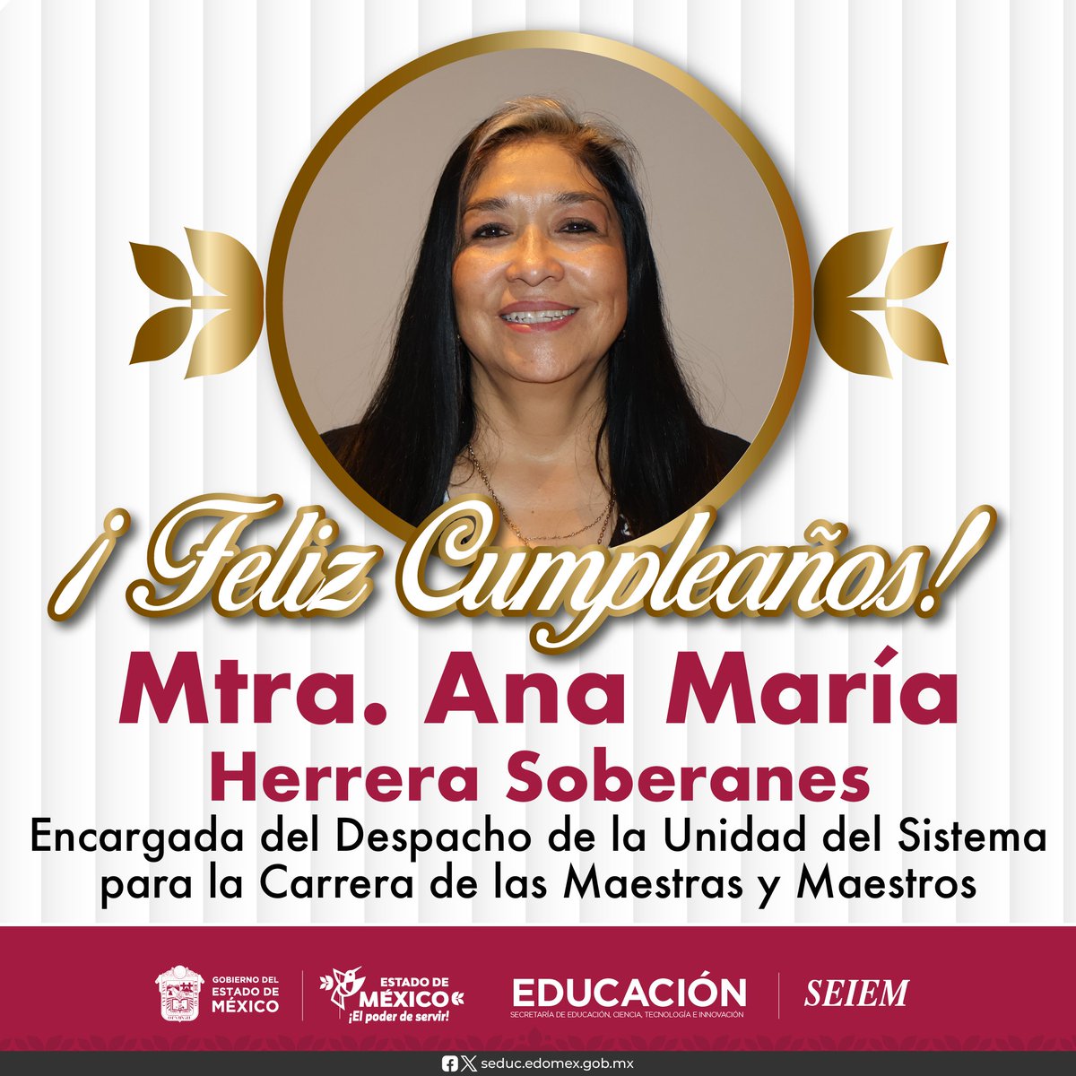 Felicitamos en su cumpleaños a nuestra querida Maestra Ana María Herrera Soberanes, colaboradora y amiga, a quien deseamos éxito personal y profesional en esta nueva etapa de su vida.

Muchas felicidades

Dr. Magdaleno Reyes Ángeles
Director General de SEIEM