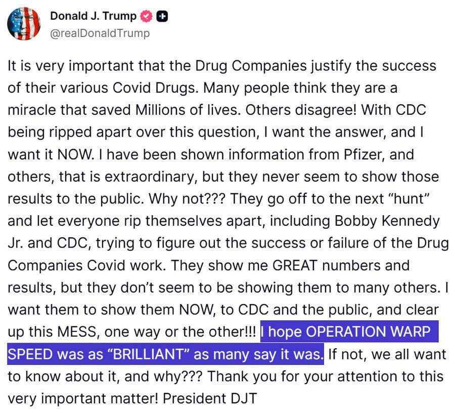 Now it gets interesting:

President Trump wants answers from pharmaceutical companies about the success or failure of their Covid products. And he wants them NOW!

Read his choice of words carefully 💥💥