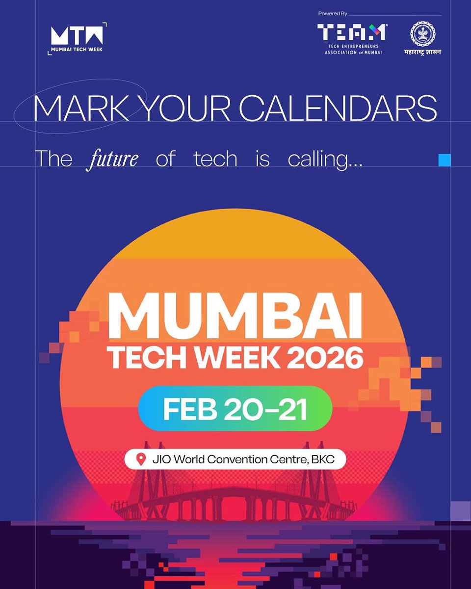 mumbai_tech_'s tweet image. Mumbai’s biggest tech moment is back!

Save the dates 👉 Feb 20–21, 2026

Pre-register for #MTW2026 - mumbaitech.team

@MSInSociety @Dev_Fadnavis @aakrit @harshjain85 @vishalgondal @dhruvilsanghvi @mr_mayank @naiyyasaggi @vivekkhemani 

#MumbaiTechWeek #MTW2026…