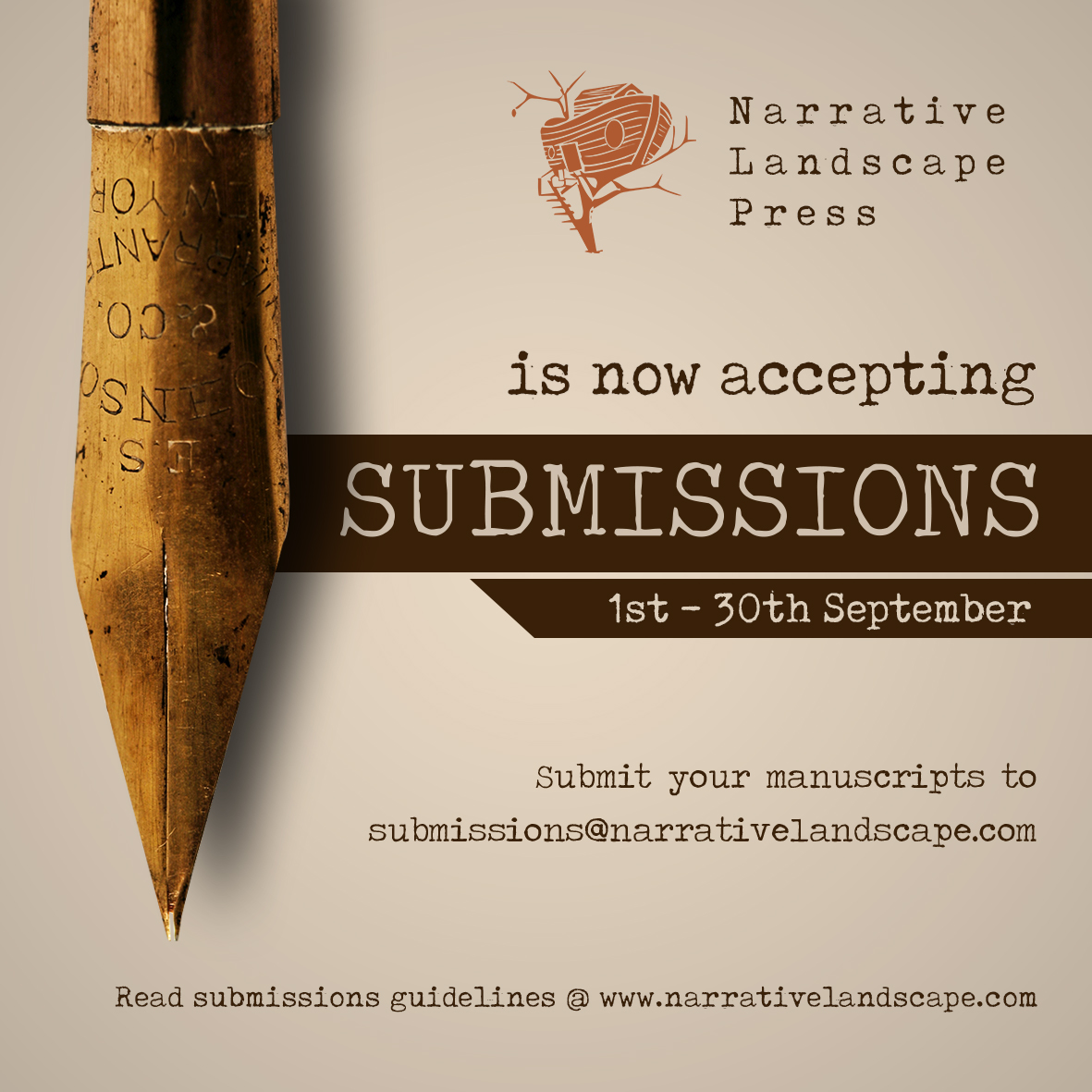 Narrative Landscape Press (@narrativelscape) on Twitter photo Our September submissions window is now open for fiction manuscripts!
Have you completed a fiction manuscript and are thinking of publishing it?
Then, send your fiction manuscript to submissions@narrativelandscape.com between 1st and 30th September. Our September submissions window is now open for fiction manuscripts!
Have you completed a fiction manuscript and are thinking of publishing it?
Then, send your fiction manuscript to submissions@narrativelandscape.com between 1st and 30th September.