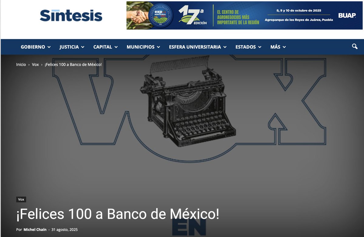 En días de escándalos coyunturales, es importante reflexionar, y tambien celebrar, a una de las claves para la estabilidad de la que goza el país.

Mi columna de esta semana en <a href="/sintesisweb/">Síntesis Puebla</a> dedica al los 100 años de <a href="/Banxico/">Banco de México</a>:

sintesis.com.mx/puebla/2025/08…