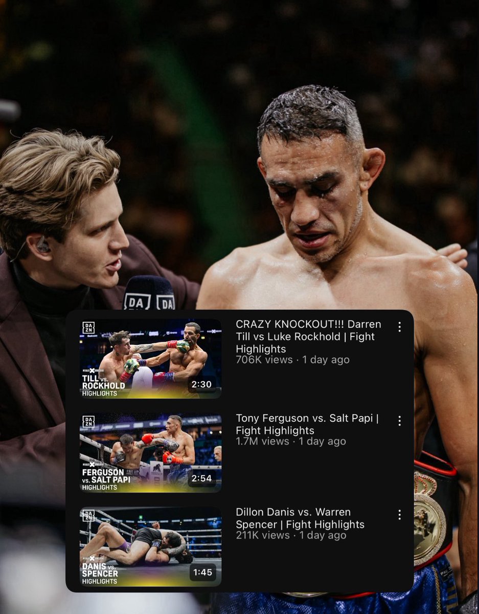 ACD MMA (@acdmma_) on Twitter photo YouTube viewing figures from Saturday’s Misfits card:
▫️ Darren Till vs Luke Rockhold - 706K
▫️ Dillon Danis vs Warren Spencer - 211K
▫️ Tony Ferguson vs Salt Papi - 1.7 million
the people never stopped supporting Tony 🔥 YouTube viewing figures from Saturday’s Misfits card:
▫️ Darren Till vs Luke Rockhold - 706K
▫️ Dillon Danis vs Warren Spencer - 211K
▫️ Tony Ferguson vs Salt Papi - 1.7 million
the people never stopped supporting Tony 🔥