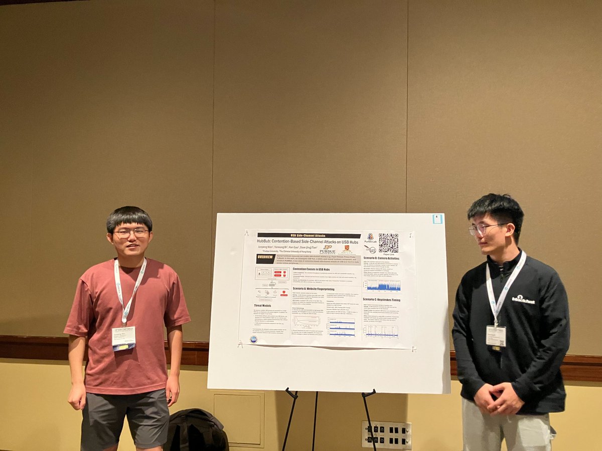 Junpeng Wan presented his paper at <a href="/USENIXSecurity/">USENIX Security</a>  (#usesec25) - “HubBub: Contention-Based Side-Channel Attacks on USB Hubs”. This work has several interesting attack scenarios and explores the potential side-channel risks of using USB hubs⚡️
Congrats to all authors! 🙌