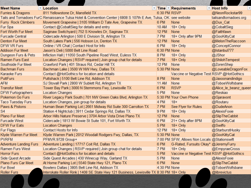 DFWFurs's tweet image. The September furmeet calendar is here #DFWFurs!

Please refer to the key to see organizers, locations, and requirements to attend for each meet! ❤️🐾