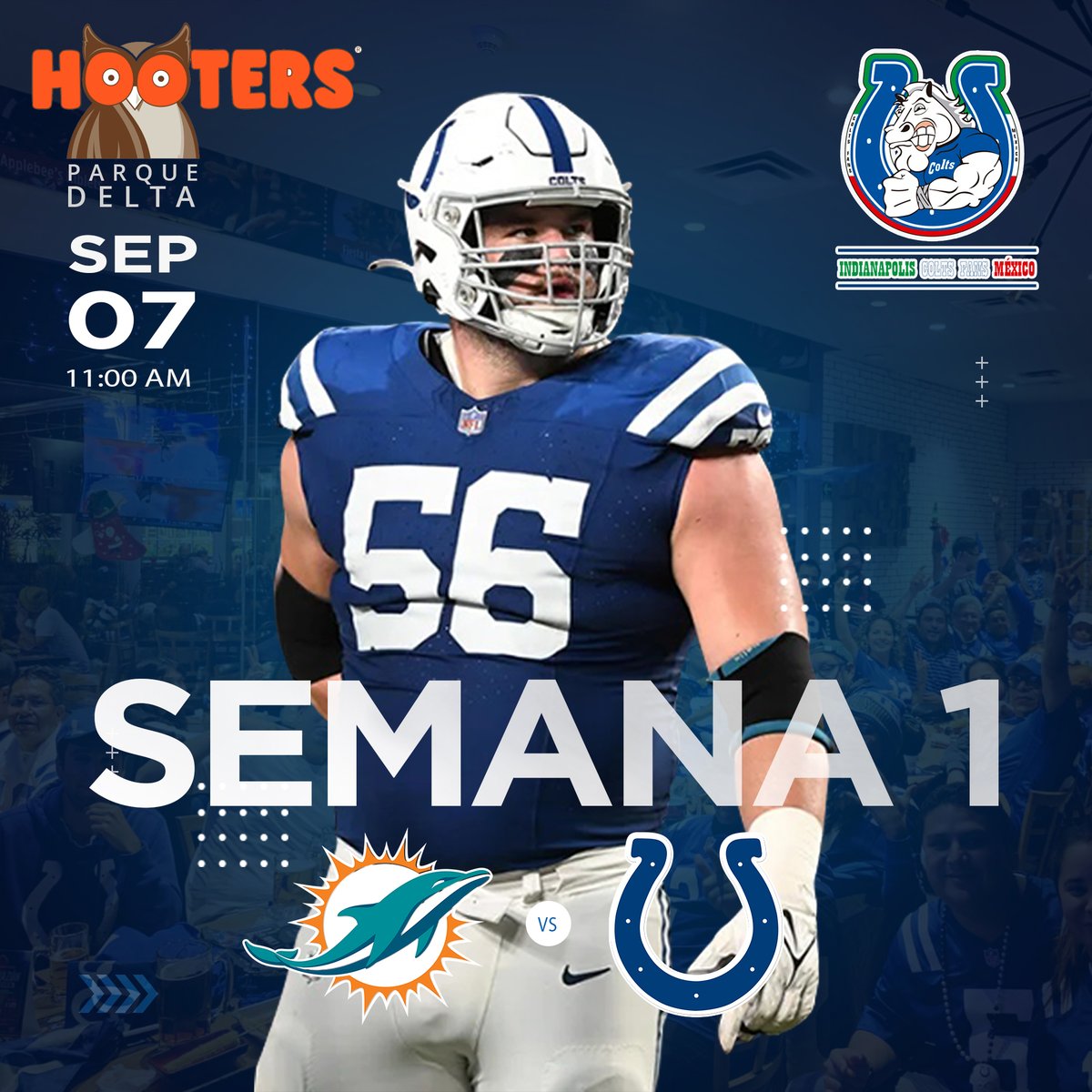 ¡Se terminó la sequía, Hermandad!
Este domingo a las 11:00 am nos vemos en nuestra nueva sede: Hooters Parque Delta para apoyar a nuestros superpoderosos Colts.
<a href="/MiamiDolphins/">Miami Dolphins</a> vs <a href="/Colts/">Indianapolis Colts</a> 
<a href="/nflmx/">NFL México</a> <a href="/FanaliticoNFL/">FANALITICO NFL</a> <a href="/RaulAllegre/">Raul Allegre</a> <a href="/EspecialistasDD/">Especialistas Del Deporte</a> #ForTheShoe