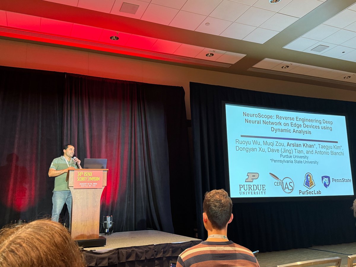 Arslan Khan (with Ruoyu Wu) presented his paper at <a href="/USENIXSecurity/">USENIX Security</a> (#usesec25) - “NEUROSCOPE: Reverse Engineering Deep Neural Network on Edge Devices using Dynamic Analysis”, proposing a framework for reverse-engineering DNN binaries on edge devices🧠
Congrats to all authors! 🙌