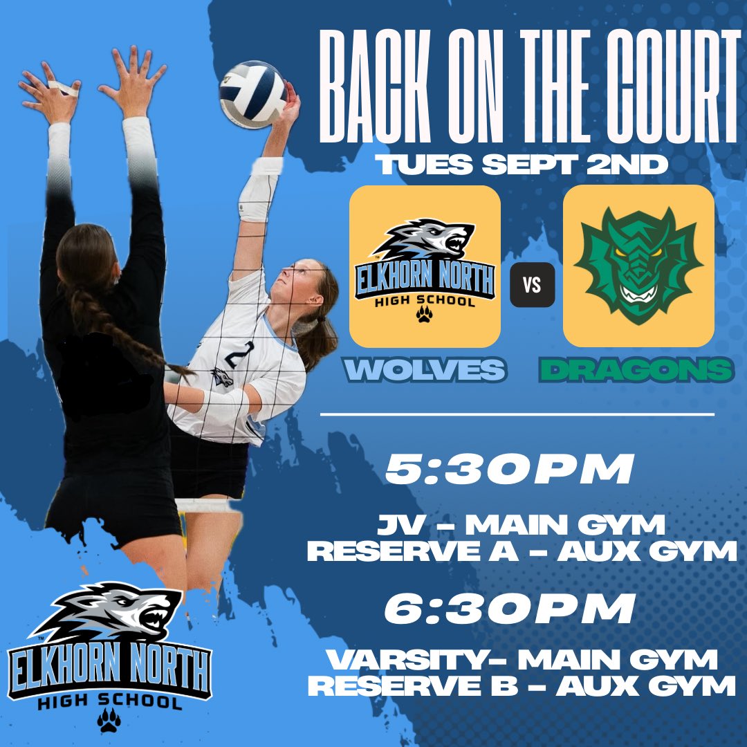 🐺🏐 Tuesday, Sept 2 – Gameday in The Wolf Den!
📍 Elkhorn North vs Gretna Dragons

🕠 5:30 PM
• JV – Main Gym
• Reserve A – Aux Gym

🕡 6:30 PM
• Varsity – Main Gym
• Reserve B – Aux Gym

Come out &amp; support the Wolves! 💙 #GoWolves #finishthemission