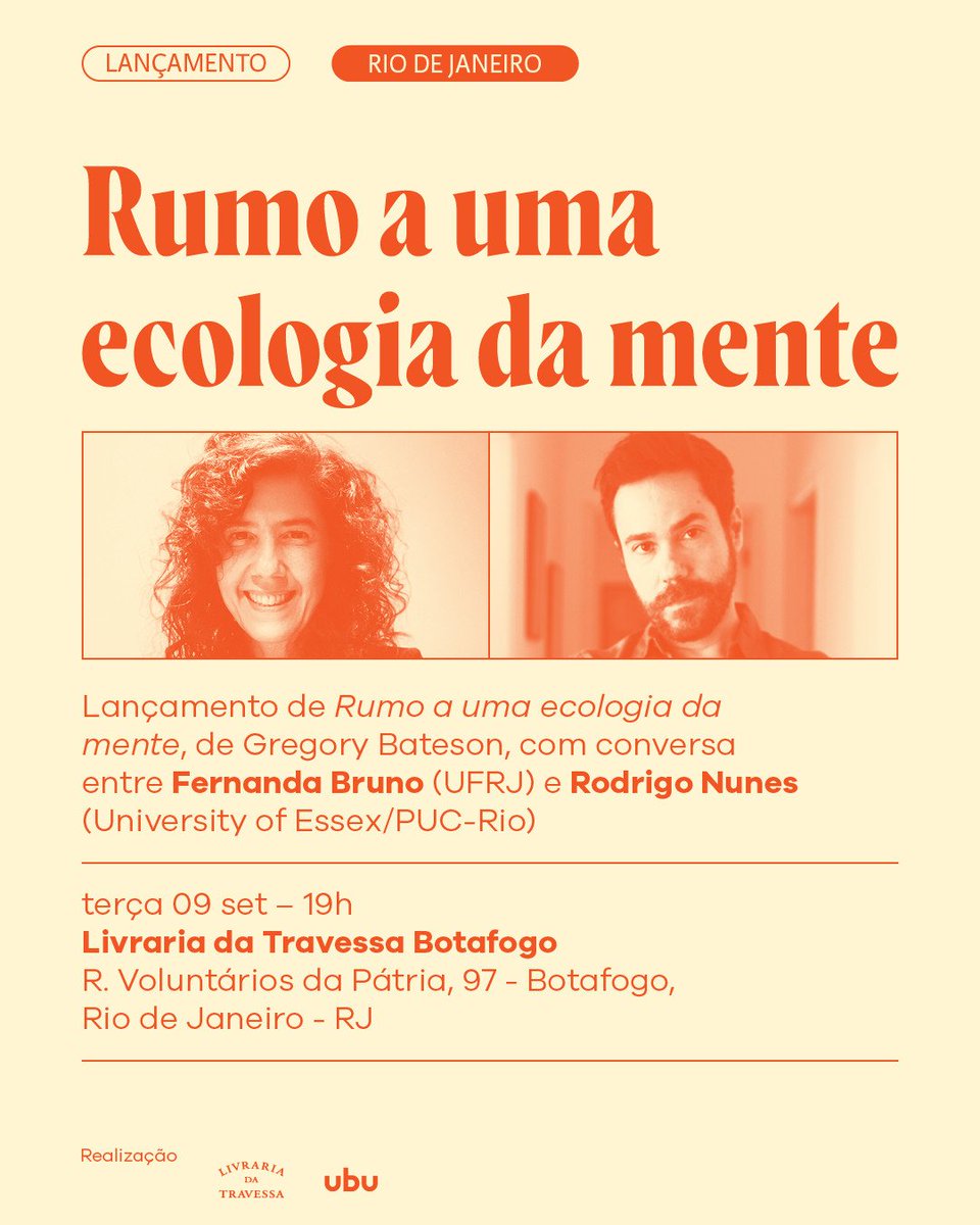 Acontece na próxima terça-feira, dia 9/9, o debate de lançamento de “Rumo a uma ecologia da mente”. A obra imprescindível de Gregory Bateson examina como se entrelaçam pensamento, ação, natureza e linguagem.

Com a participação de Fernanda Bruno e Rodrigo Nunes.

1/2