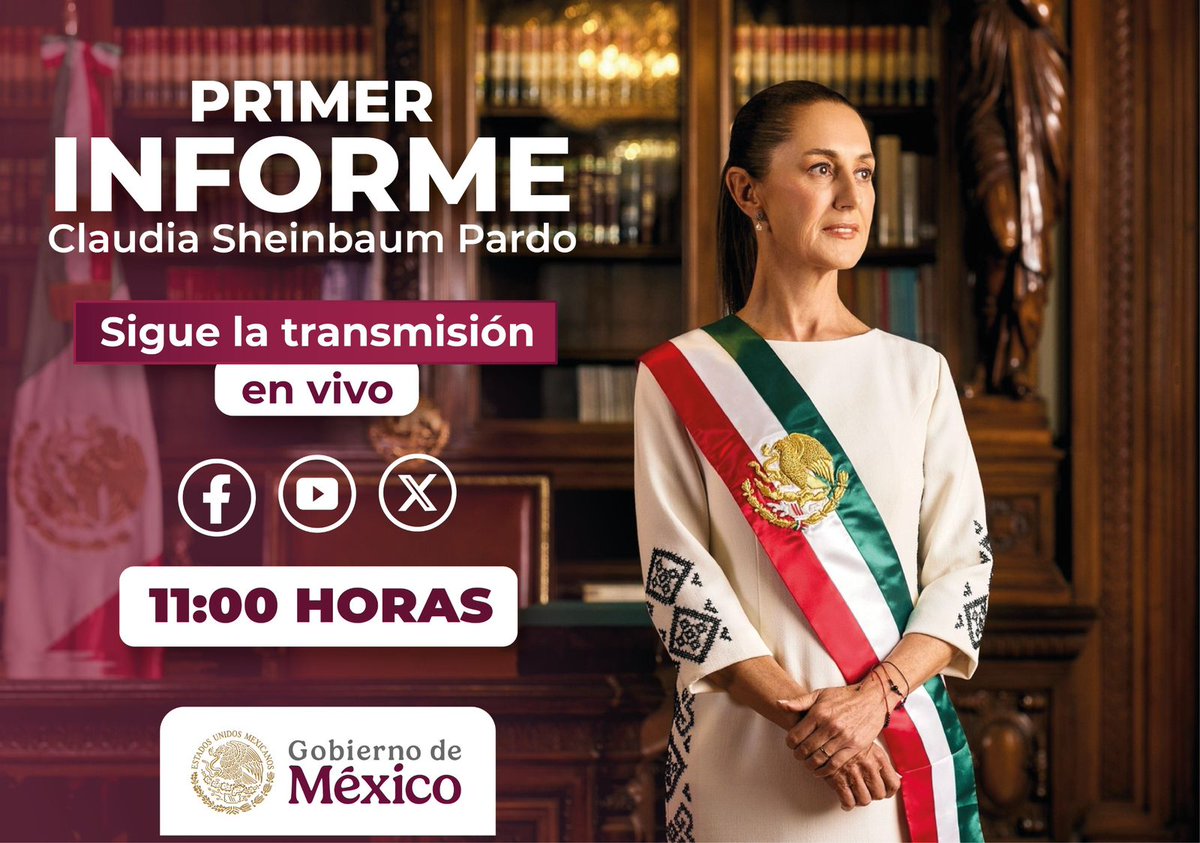 📢 Hoy la presidenta de México, Claudia Sheinbaum Pardo, rinde su Primer Informe de Gobierno.

🕚 Sigue la transmisión en vivo a través de redes oficiales.

#Pr1merInforme #ClaudiaSheinbaum