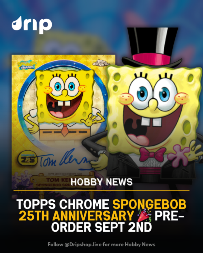 dripshop_live's tweet image. Are ya ready kids? 👀🎉

2025 Topps Chrome SpongeBob 25th Anniversary drops Sept 2nd!

💛 200-card Base Set
💛 Colorful inserts + parallels
💛 Rare sketch cards &amp;amp; autographs

Dive into 25 years of Chrome fun 🌊

#SpongeBob #ToppsChrome