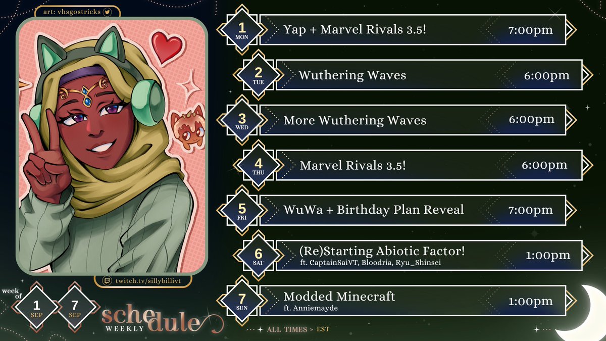 Hello my Jamuns! I've officially moved into my new apartment, which means I'm back to streaming! I'll be streaming every day this week, so make sure to stop by!💚

Collabs:
Saturday: <a href="/RyuShinseiVT/">Ryu 🪻💫</a>, <a href="/Bloodria1/">Bloodria Rebrand Arc</a>, <a href="/Sai_Angel_Gamin/">Sai♊Angel🐋🦈</a> 
Sunday: <a href="/Sukidxyo/">🐮 Mommy Suki</a> 

#VTuber | #ENVtuber | #pngtuber