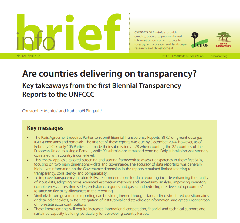 CIFOR_ICRAF's tweet image. Are countries delivering on transparency?

Only 105 Parties have submitted their first Biennial Transparency Reports to the #UNFCCC, leaving 90 still pending.

This review highlights strengths, gaps, and recommendations to make future reporting more robust.

Read more:🔗