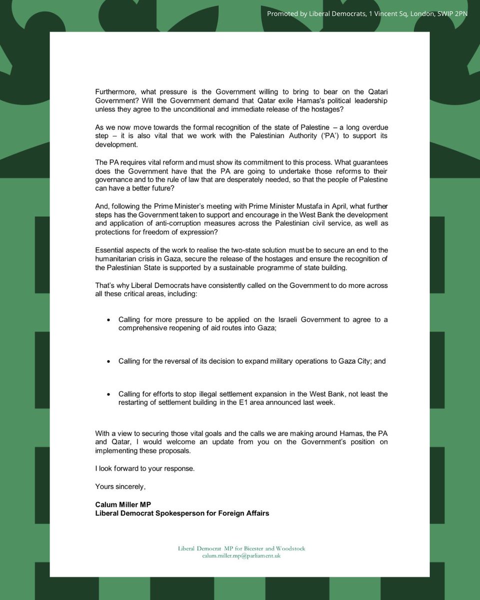 Lib Dem Foreign Affairs Spokesperson @CalumMiller has written to the Foreign Secretary to call for the Government to pressure Qatar to take action to force Hamas to release the hostages they still hold.