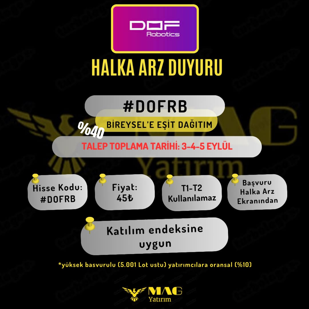 mehmetali_grbz's tweet image. #damlakent sonrası #dofrobotics #halkka arz hap bilgileri paylaşıyoruz📢

📌3-5 Eylül talep toplama tarihleri

📌Fiyat 45 TL

📌katilim endeksine uygun

#bisr
#bist  #borsa #hisse #ekonomi