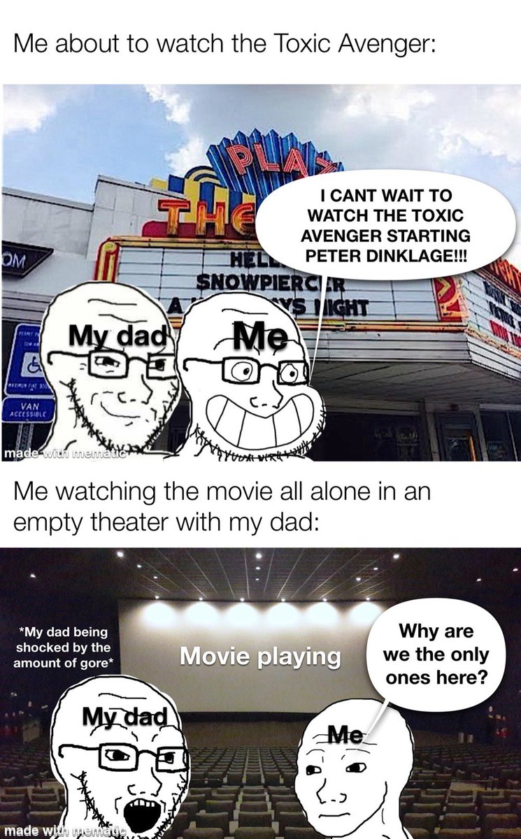 Watched the new toxic avenger last night with my dad and this was my experience. Because of this I made a new tag so you can spread it out to the internet #gowatchthetoxicavenger