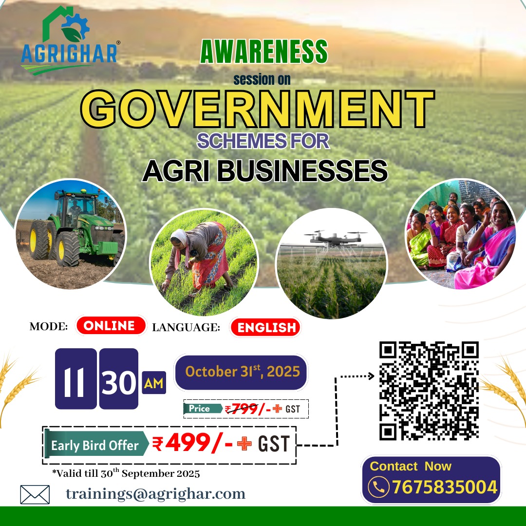 agrighar's tweet image. 🥳 @agrighar now announces an exclusive Awareness session on Government Schemes for Agri Businesses

#Hurryup💃 &amp;amp; #register  for this exclusive online awareness session @ rzp.io/l/Agrighar-Ses… &amp;amp; 🖇️ Save your Spot

Early Bird Discount - 499₹ + GST

📞: 7675835004