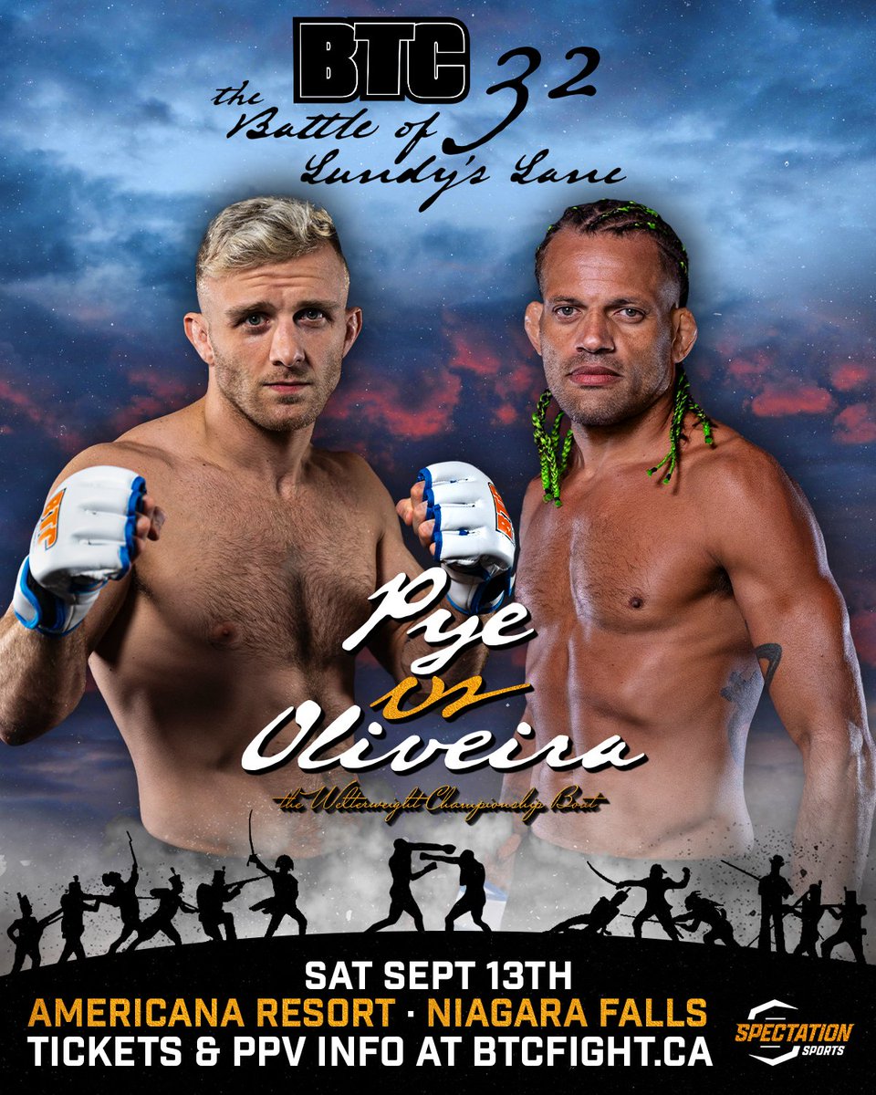 Gold is on the line September 13th 🏆

Clay "The Bear" Pye (5-0) takes on Brazilian veteran Thiago "Siriguela" Oliveira (17-14-1) for the vacant BTC Welterweight Championship!!