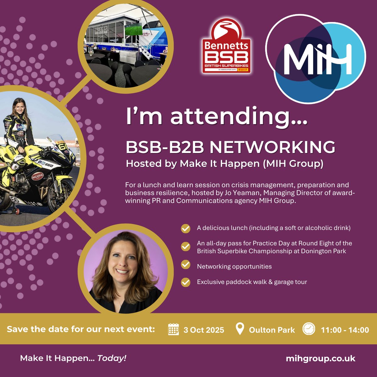 Mark_Northall's tweet photo. Networking with a difference this Friday! Excited to join @MIHGroup at the British Superbikes, Donington Park, for their Lunch & Learn event. #LeadershipNetworking #NetworkingEvents #BusinessLeaders #NetworkForSuccess https://t.co/ELzx51IL26