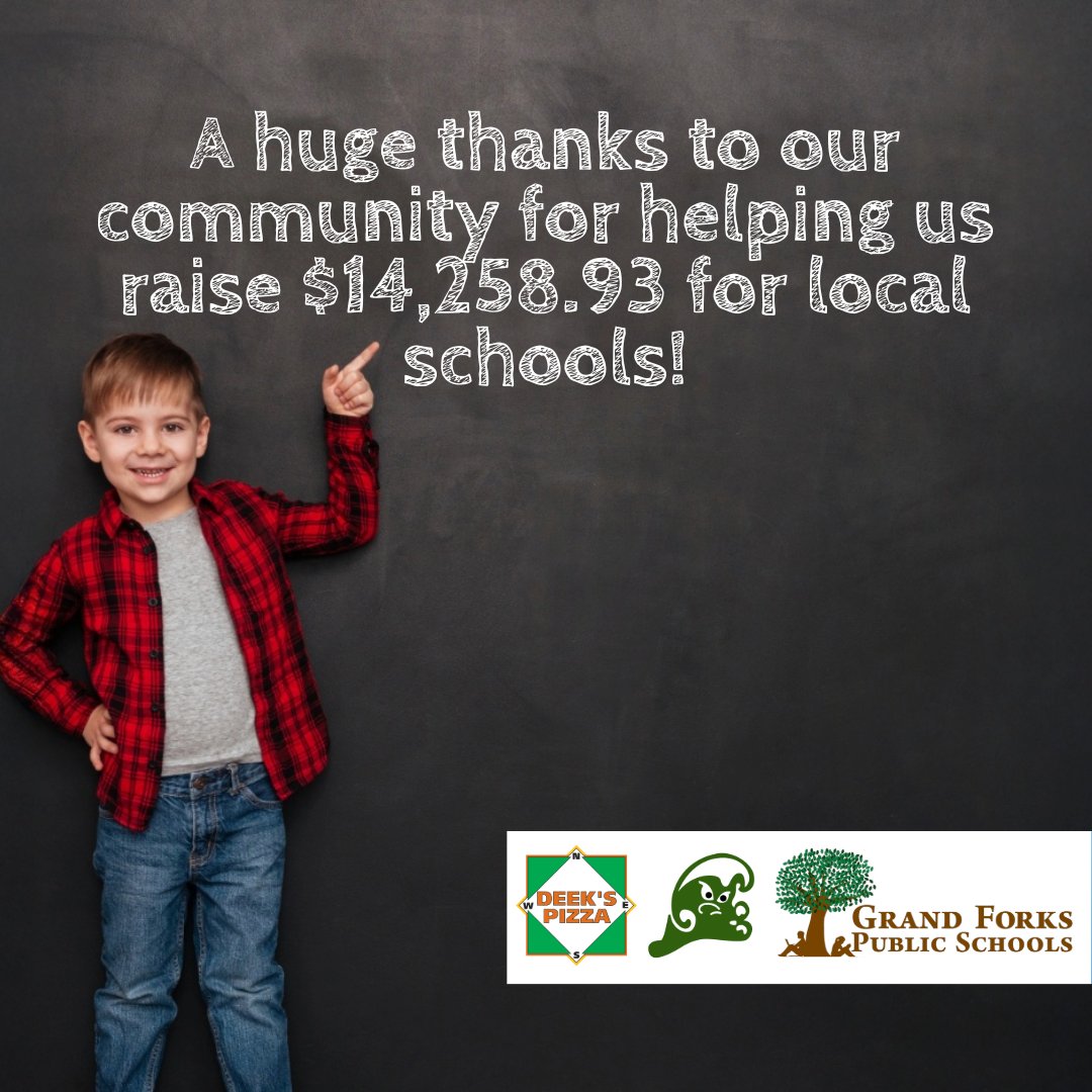 Deek's Pizza ๐ (@deekspizza) on Twitter photo A huge THANK YOU to our amazing community! ๐ซถ With your support, our fifth annual back-to-school fundraiser raised $14,258.93 to help local schools kick off the year right. We couldnโt have done it without you! ๐๐๐๐ A huge THANK YOU to our amazing community! ๐ซถ With your support, our fifth annual back-to-school fundraiser raised $14,258.93 to help local schools kick off the year right. We couldnโt have done it without you! ๐๐๐๐
