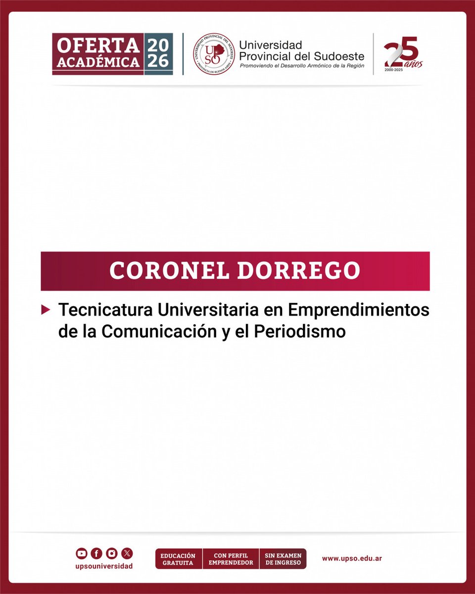 upsouniversidad's tweet image. #CoronelDorrego: Oferta Académica 2️⃣0️⃣2️⃣6️⃣

👉 Tecnicatura Universitaria en Emprendimientos de la Comunicación y el Periodismo – Modalidad Presencial

✍ La inscripción comienza el 1 de Octubre.

🌐 upso.edu.ar/oferta-academi…

#EstudiáEnLaUPSO #EducaciónPúblicaYGratuita
