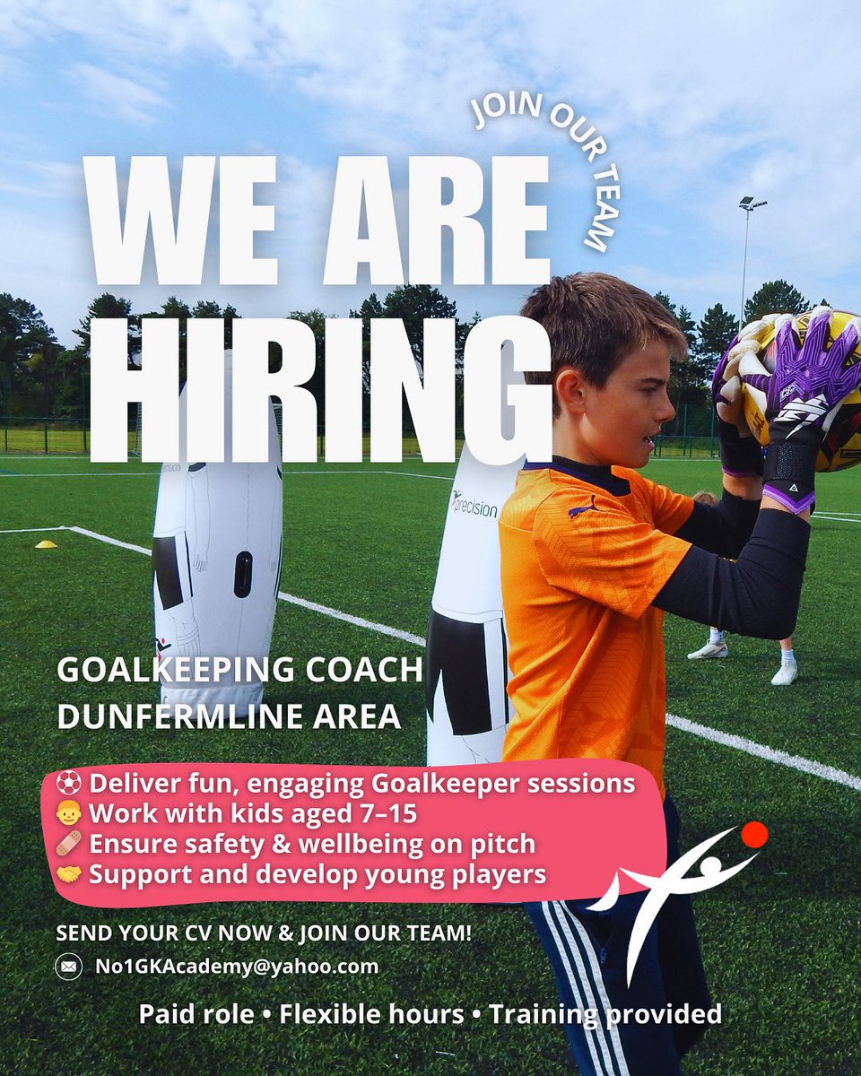 🚨 We’re Hiring! 🚨
We’re looking for enthusiastic coaches to join our team in the Dunfermline area ⚽
✨ What we offer:
✅ Paid role
✅ Flexible hours
✅ Training &amp; support provided

📩 Send your CV to no1gkacademy@yahoo.com and join Scotland’s #1 Goalkeeping Academy today!