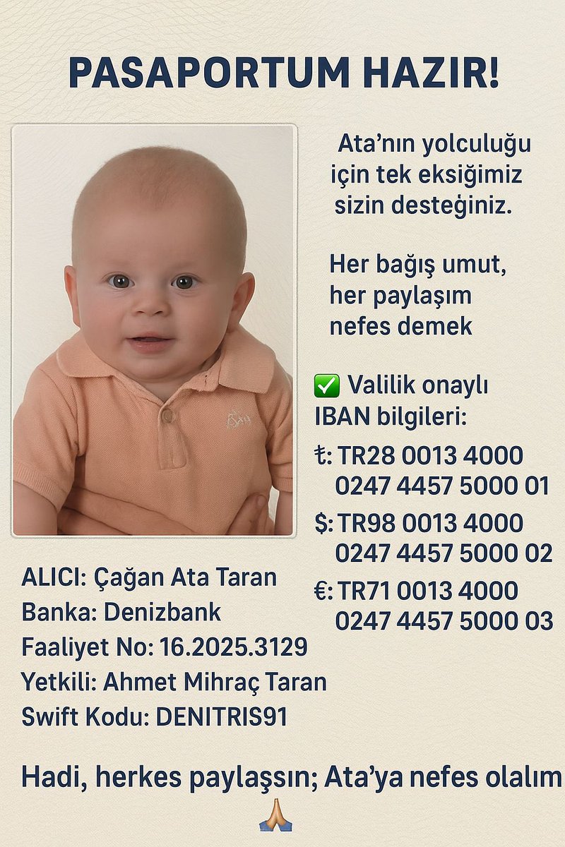 Hakan Dinçtürk (@hk_dincturk) on Twitter photo Kafasının kocaman göründüğüne bakmayın .Pamuk şeker bugün pasaport başvurusu için biometrik fotoğraf çektirdi.😂
Haydi onu bir an önce tedavi için uçağına bindirme görevide bizlerde. ✈️ ✈️
ÇAĞAN ATA TARAN
TR28 0013 4000 0247 4457 5000 01
ATA yaz 6193’e gönder.
<a href="/sma_caganata/">Çağan Ata Taran</a> Kafasının kocaman göründüğüne bakmayın .Pamuk şeker bugün pasaport başvurusu için biometrik fotoğraf çektirdi.😂
Haydi onu bir an önce tedavi için uçağına bindirme görevide bizlerde. ✈️ ✈️
ÇAĞAN ATA TARAN
TR28 0013 4000 0247 4457 5000 01
ATA yaz 6193’e gönder.
<a href="/sma_caganata/">Çağan Ata Taran</a>