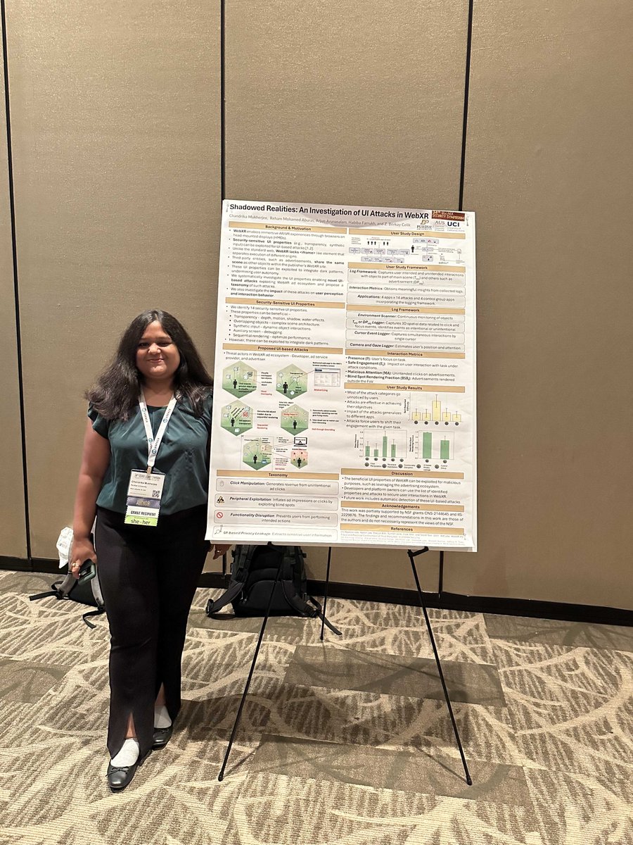 Chandrika Mukherjee presented her paper at <a href="/USENIXSecurity/">USENIX Security</a> (#usesec25) - "Shadowed Realities: An Investigation of UI Attacks in WebXR". This study identifies UI-based vulnerabilities in WebXR and conducts a user study to measure users' perceptions 🏆
Congrats to all authors! 🙌