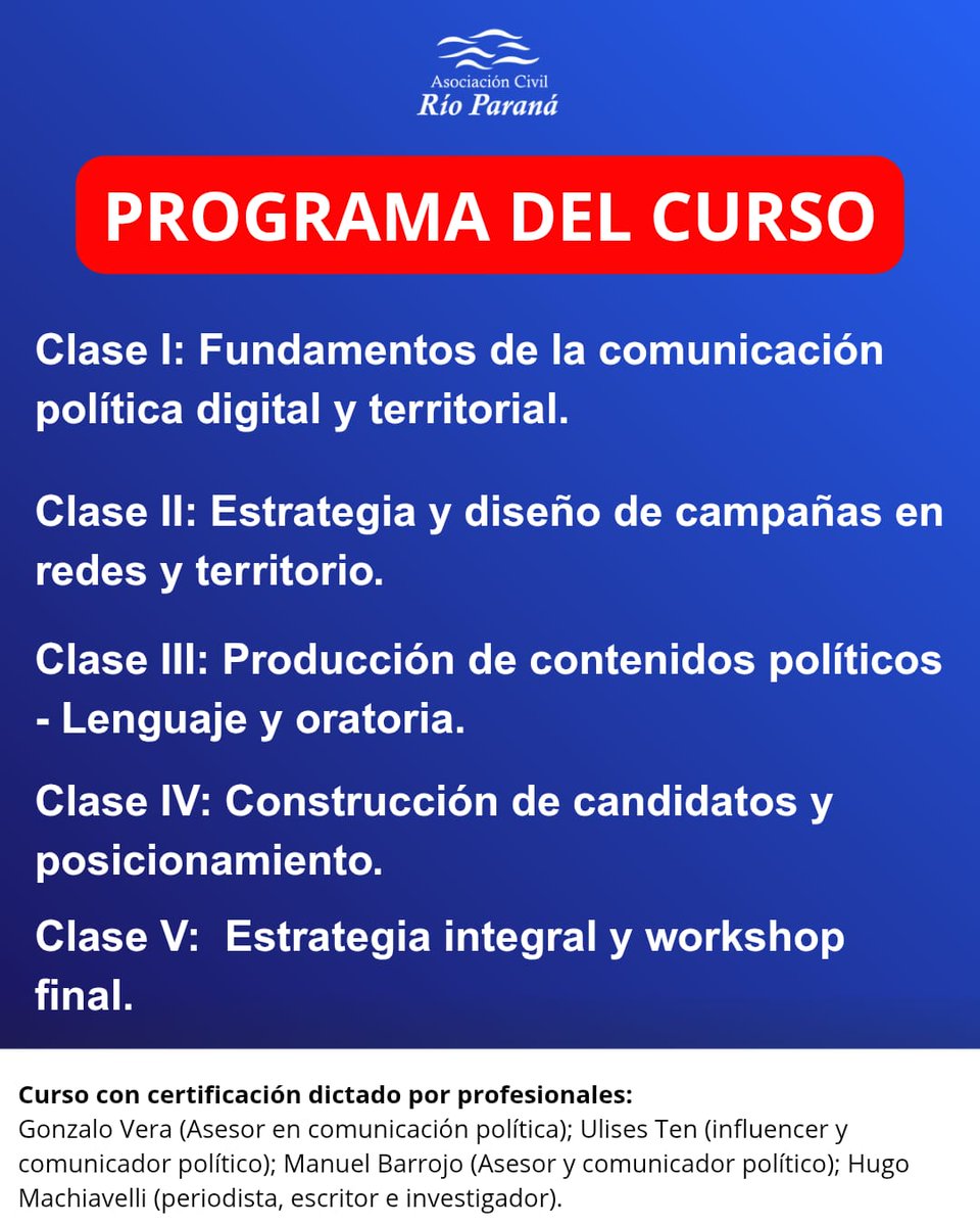 ✨ Hoy la batalla por las ideas y el poder también se libra en las redes.

🗽Curso de Comunicación Política y RRSS
📅 Del 16/09 al 30/09
📍 Centro de eventos Jerárquicos (Santa Fe)
⏰ 18:00 a 21:00 – 2 clases por semana
🎓 Con certificación profesional
⚡ Se otorgan becas