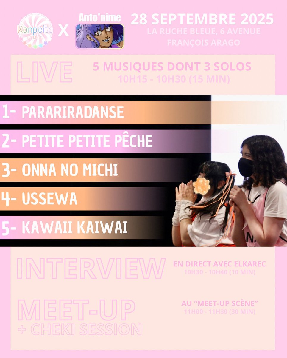 Voici les chansons que vous verrez au mini-concert de Marou et Candy à Anto’nime !
+ Les informations sur le Meet-Up arrivent bientôt 〜

📍LA RUCHE BLEUE, 6 AVENUE FRANÇOIS ARAGO, LE 28 SEPTEMBRE 2025
