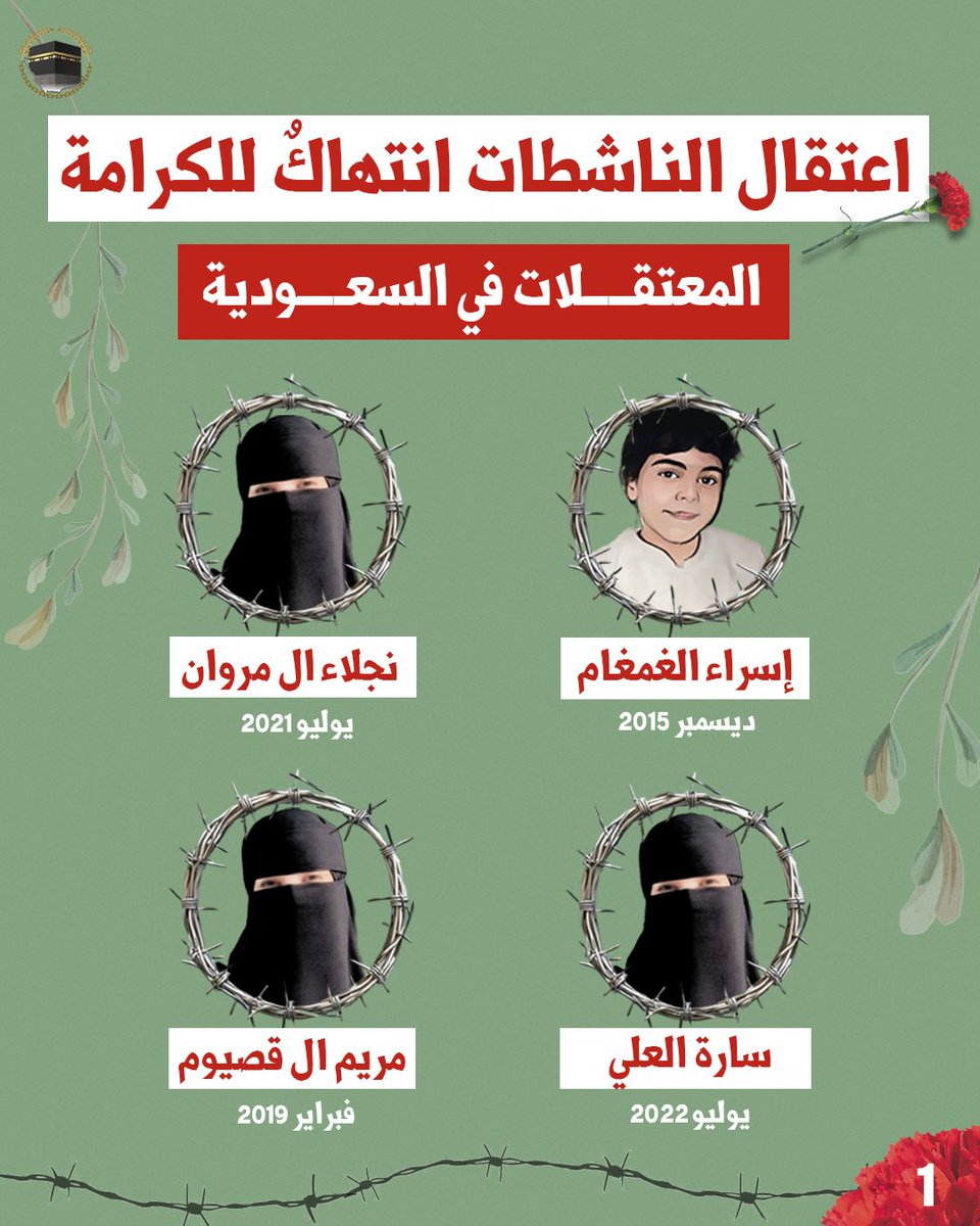 🔻اعتقال الناشطات في السعودية انتهاك للكرامة الإنسانية. نساء طالبن بحقوق مشروعة، فوجدن أنفسهن خلف القضبان بدلاً من أن تُسمع أصواتهن.

#إسراء_الغمغام #نجلاء_ال_مروان
#مريم_ال_قصيوم #سارة_العلي
#معتقلات_الرأي #السعودية #حقوق_الإنسان