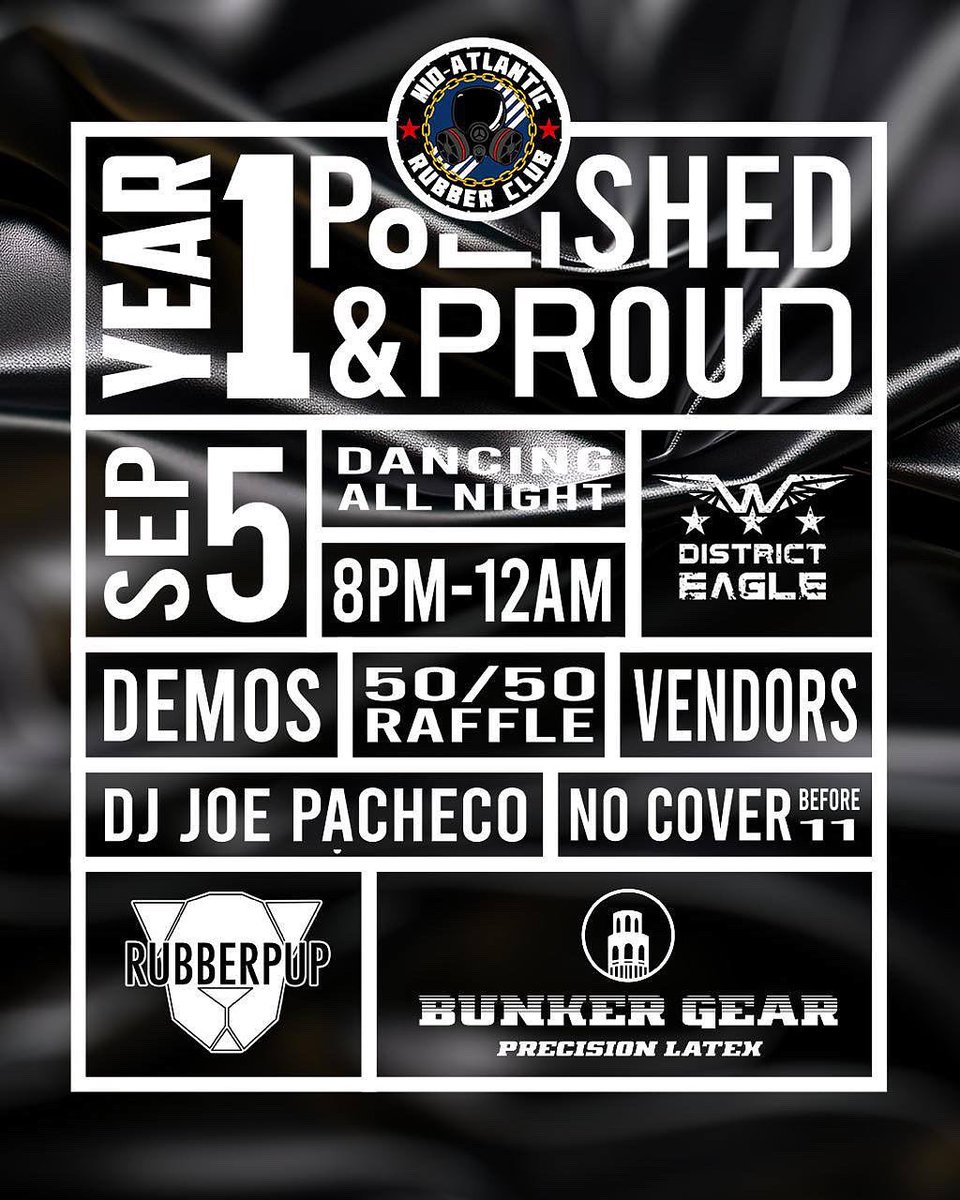 Mid-Atlantic Rubber Club (@midatlanticrbbr) on Twitter photo 🎉 5 Days LEFT! 🎉
Did you grab your ticket (or shine your gear) yet?
💦 Expect:
🔹 Live demos all night
🔹 Vending by <a href="/pupsollux/">pupsollux</a> & <a href="/bunkergearlatex/">Bunker Gear</a>
🔹 50/50 raffle
#MidAtlanticRubberClub #PolishedAndProud #RubberGear #DistrictEagle #KinkEvents
eventbrite.com/e/year-one-pol… 🎉 5 Days LEFT! 🎉
Did you grab your ticket (or shine your gear) yet?
💦 Expect:
🔹 Live demos all night
🔹 Vending by <a href="/pupsollux/">pupsollux</a> & <a href="/bunkergearlatex/">Bunker Gear</a>
🔹 50/50 raffle
#MidAtlanticRubberClub #PolishedAndProud #RubberGear #DistrictEagle #KinkEvents
eventbrite.com/e/year-one-pol…