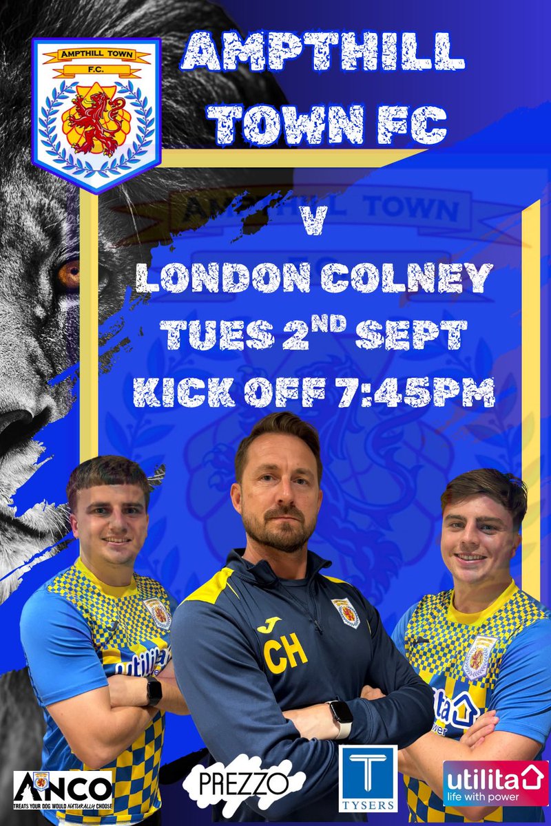 Next up for the Amps….we host London Colney Fc in a <a href="/SSMFLOfficial/">Spartan South Midlands Football League Official</a> Div 1 fixture at the Anco Stadium on Tuesday 2nd Sept, KO7:45pm.  Gates, Bar &amp; Cafe open at 6:45pm. COYA💙💛💙 <a href="/ampthillinfo/">Ampthill.Info</a> <a href="/AmpthillRufc/">Ampthill Rugby</a> <a href="/atfcwomen/">Ampthill Town FC - Ladies</a> <a href="/AmpthillTownCC/">Ampthill Town CC 🏏</a> <a href="/BedsFA/">Bedfordshire FA</a> <a href="/UtilitaFootball/">Utilita Football</a> <a href="/TysersSport/">TysersSports</a>