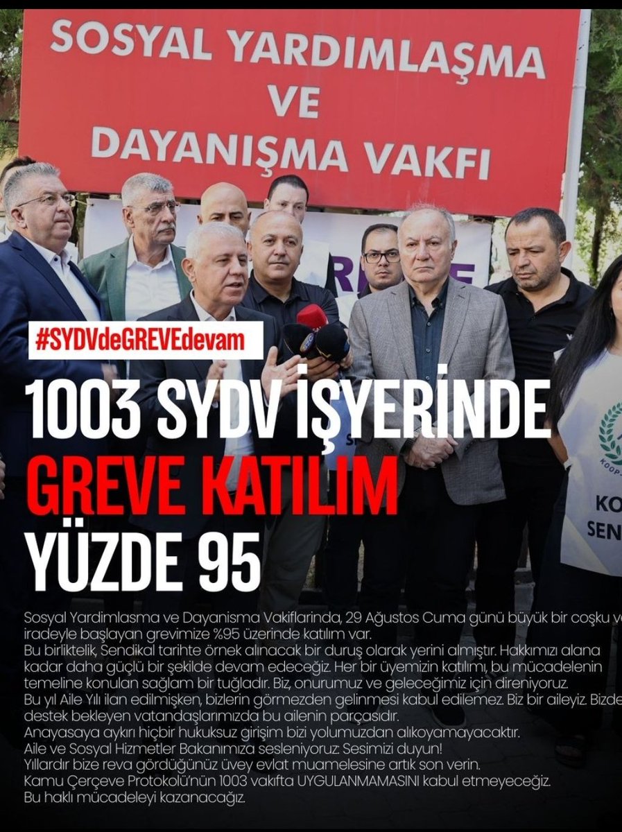 SYDV çalışanları olarak 8 aydır Kamu Çerçeve Protokolünün uygulanmasını bekliyoruz.Haklarımız için mücadele ettik,bakanlık Siz KÇPye dahil değilsiniz” diyerek emeğimizi yok saydıBiz emeğimizin ve alın terimizin karşılığını istiyoruz. Biz haklıyız, kazanacağız!

#SYDVdeGREVEdevam