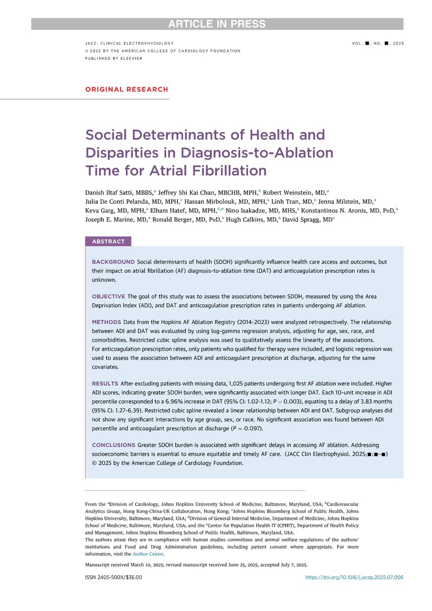 Our 📝 exploring the relationship b/w #SDOH profile &amp; delays in AF ablation is finally out in <a href="/JACCJournals/">JACC Journals</a> #JACCCEP 🔥

Grateful for the mentorship of Dr. David Spragg <a href="/HughCalkinsMD/">Hugh Calkins</a> <a href="/DrJMarine/">Joseph Marine</a> Dr. Ronald Berger <a href="/NinoIsakadze/">Nino Isakadze</a> <a href="/aroniskn/">Konstantinos N. Aronis, MD PhD</a>

🔗jacc.org/doi/10.1016/j.…

<a href="/hopkinsheart/">Johns Hopkins Cardiology</a>