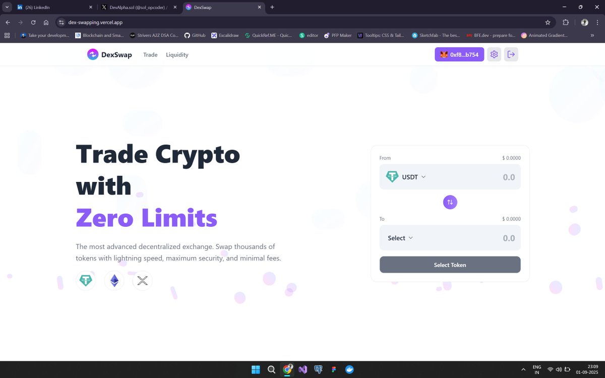 sol_opcoder's tweet image. I’ve been working on DEX, a decentralized exchange built with React + Ethers.js. It supports wallet connection across EVM chains, token swaps & complete liquidity pool management — from creation & investment to adding/removing funds. Excited to release the full video demo soon!🚀