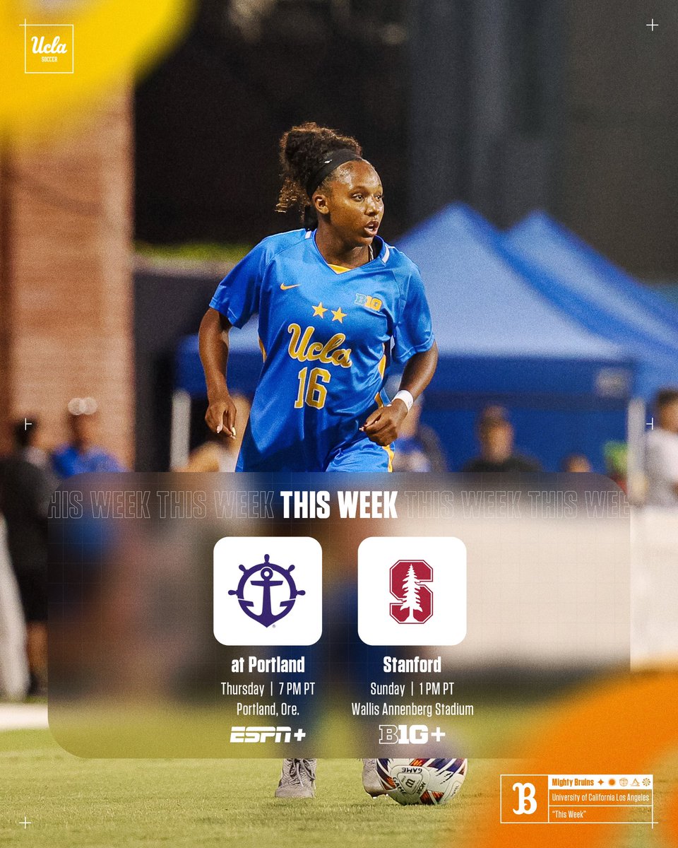 𝗧𝗵𝗶𝘀 𝗪𝗲𝗲𝗸 
On the road Thursday night at Portland before returning home for a big Sunday afternoon matchup against No. 1 Stanford!

🎟️: ucla.evenue.net/events/WSOCHOME
#GoBruins