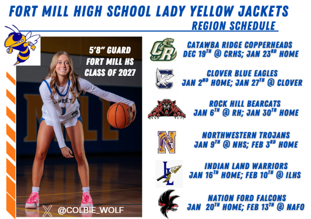 Colbie Wolf (@colbie_wolf) on Twitter photo Fort Mill High School, South Carolina 5A Region 3 Schedule! Junior year loading. ๐๐๐ฆ <a href="/LadyJacketsGBB/">FM Lady Jackets Basketball</a> <a href="/JoshParcell/">Josh Parcell</a> <a href="/Assist_U_/">AssistU Recruiting</a> Fort Mill High School, South Carolina 5A Region 3 Schedule! Junior year loading. ๐๐๐ฆ <a href="/LadyJacketsGBB/">FM Lady Jackets Basketball</a> <a href="/JoshParcell/">Josh Parcell</a> <a href="/Assist_U_/">AssistU Recruiting</a>
