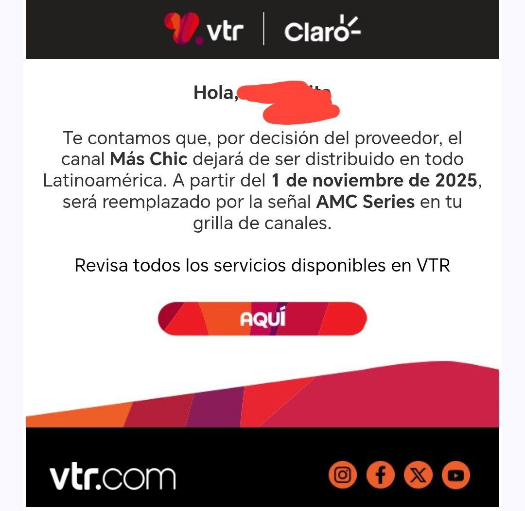 [URGENTE]

VTR/Claro informan el cierre de Más Chic para el próximo 1ro de noviembre, usando su espacio para AMC Series, la nueva apuesta de AMC Networks.

Se cierra una etapa de casi 30 años desde el nacimiento de Casa Club TV. ¿Lo veías?