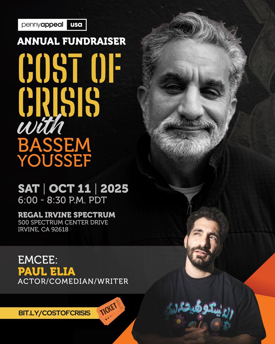 Join PA USA for Cost of Crisis, an unforgettable evening with internationally acclaimed satirist Bassem Youssef, hosted by actor, comedian, &amp; writer Paul Elia.

- Saturday, Oct 11, 2025
- Regal Irvine Spectrum, Irvine, CA

Get your early bird tickets now: bit.ly/COSTOFCRISIS