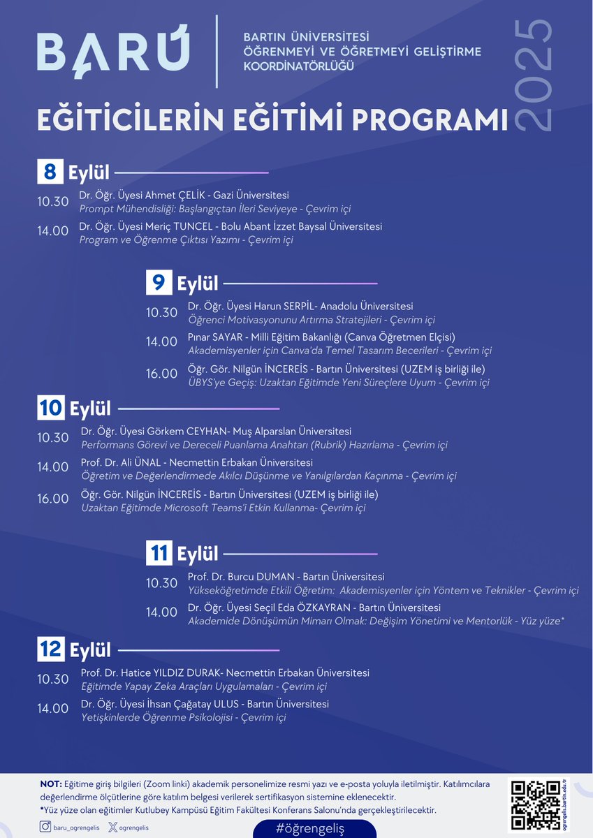 Üniversitemizde görev yapan tüm akademisyenlerimiz için 8-12 Eylül 2025 tarihleri arasında Öğrenmeyi ve Öğretmeyi Geliştirme Koordinatörlüğü (BARÜ-ÖğrenGeliş) bünyesinde “Eğiticilerin Eğitimi Programı (2025-2)” gerçekleştirilecektir. #öğrengeliş #barü 
ogrengelis.bartin.edu.tr/duyurular/akad…